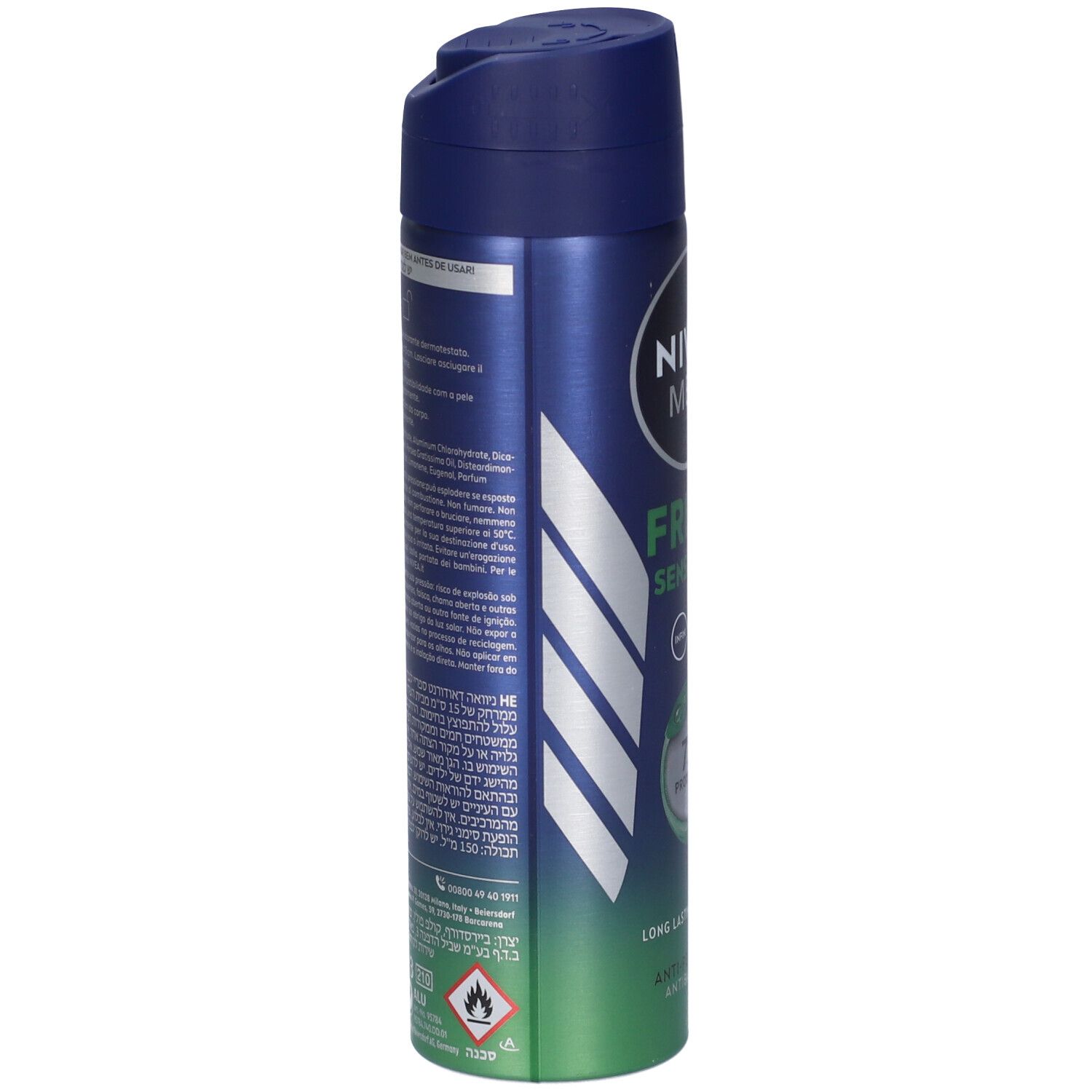Retro della bomboletta spray deodorante. Testo e simboli. Avvertenze, ingredienti, informazioni produttore.