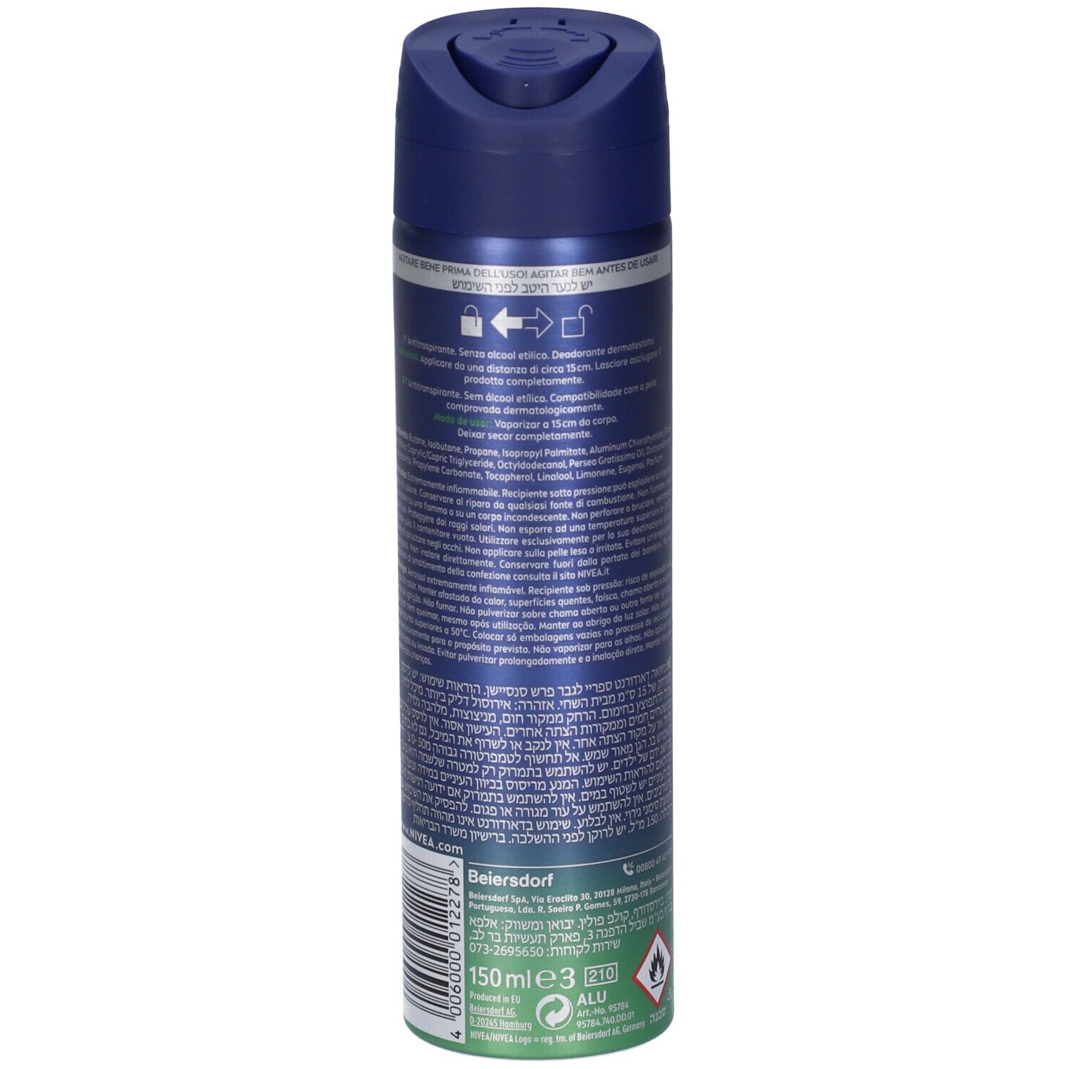 Retro della bomboletta spray deodorante. Testo e simboli. Avvertenze, ingredienti, informazioni produttore.