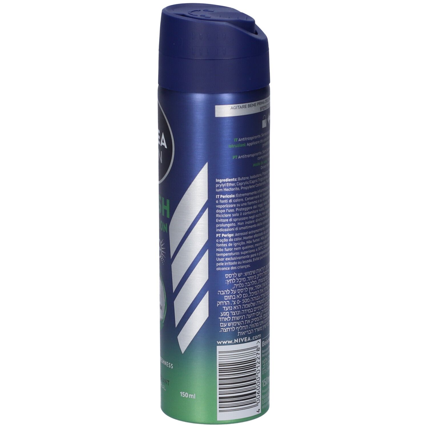 Retro della bomboletta spray deodorante. Testo e simboli. Avvertenze, ingredienti, informazioni produttore.
