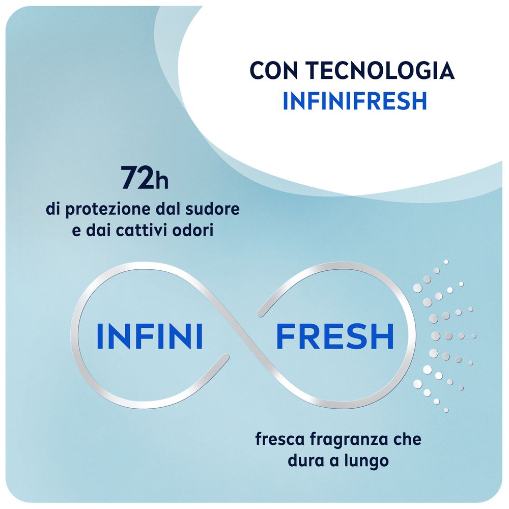 Testo: Con tecnologia INFINIFRESH. 72h di protezione da sudore e cattivi odori. INFINI FRESH.