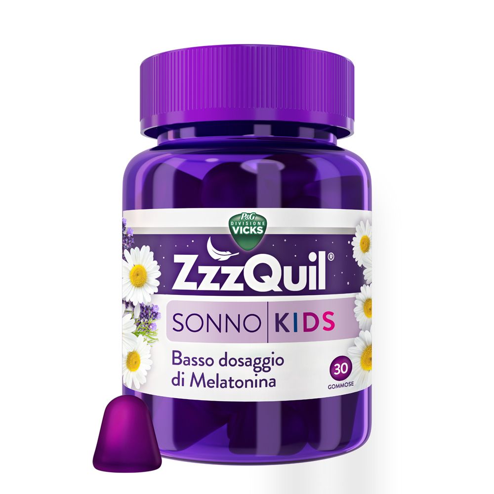 Flacone viola ZzzQuil Natura Kids. Etichetta con ZzzQuil, Sonno Kids e 30 caramelle gommose. Una caramella gommosa viola è visibile.