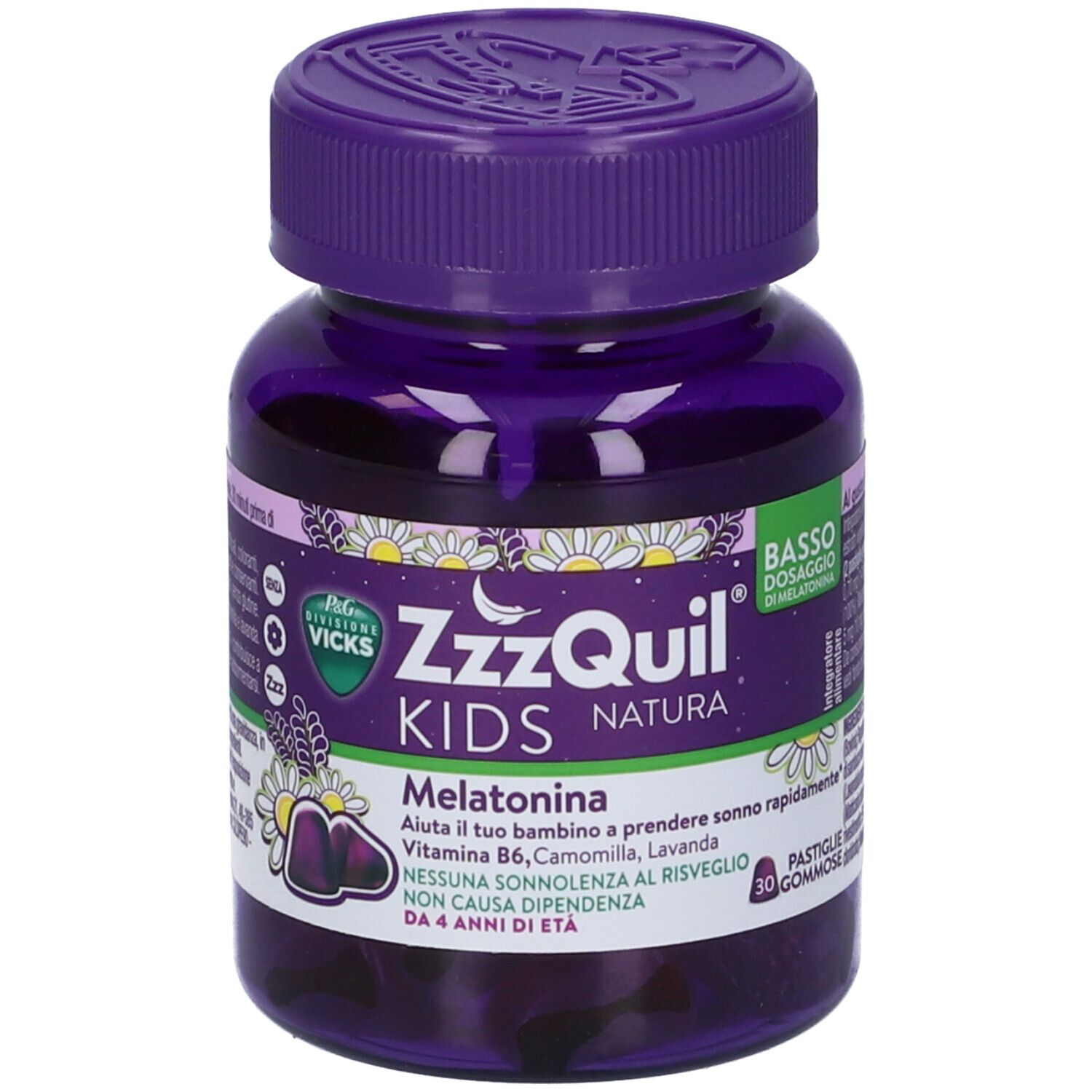 Flacone ZzzQuil Kids Natura. Flacone viola con etichetta bianca. Contiene melatonina, vitamina B6, camomilla e lavanda.
