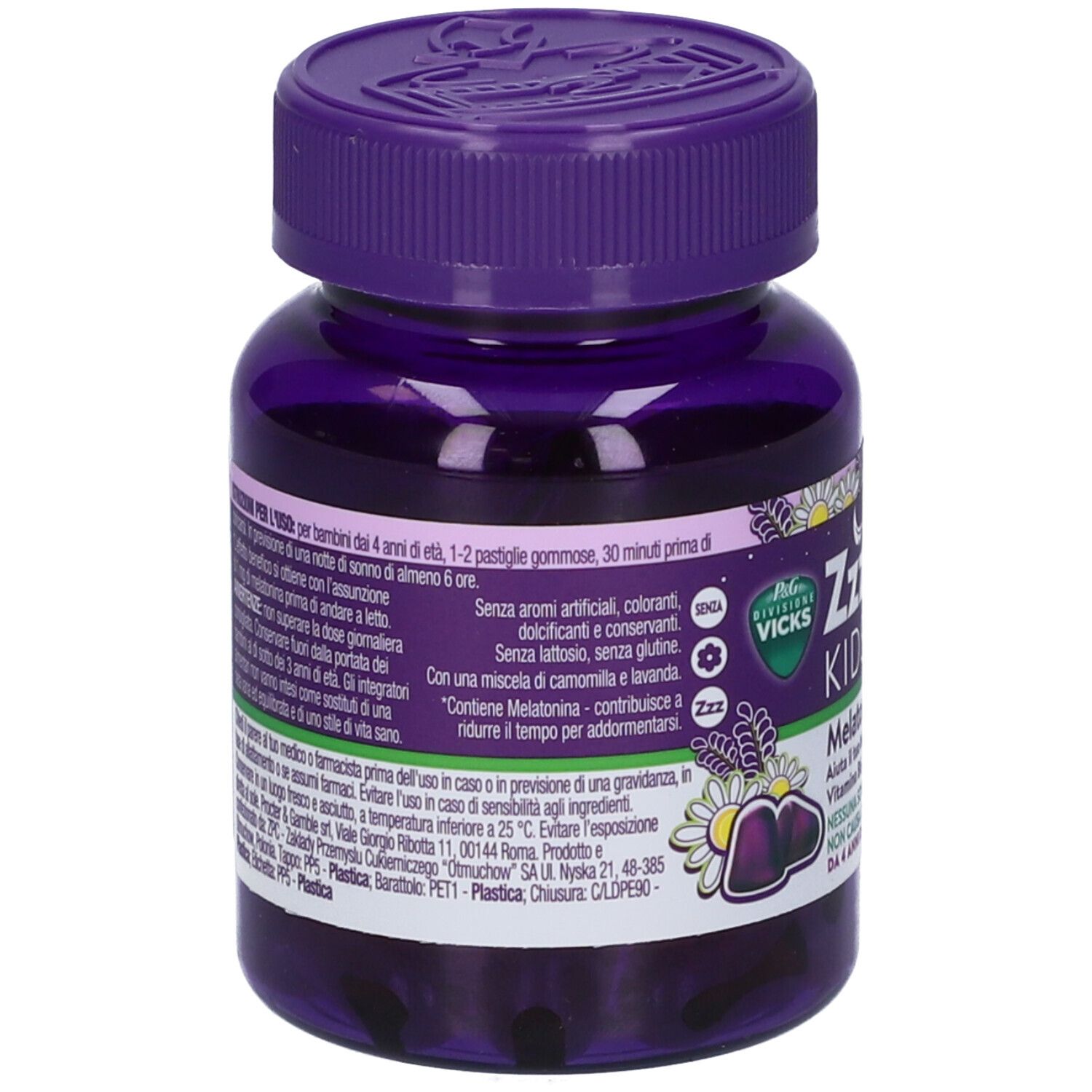 Retro del flacone ZzzQuil Kids Natura. Contiene informazioni sull'uso e gli ingredienti.