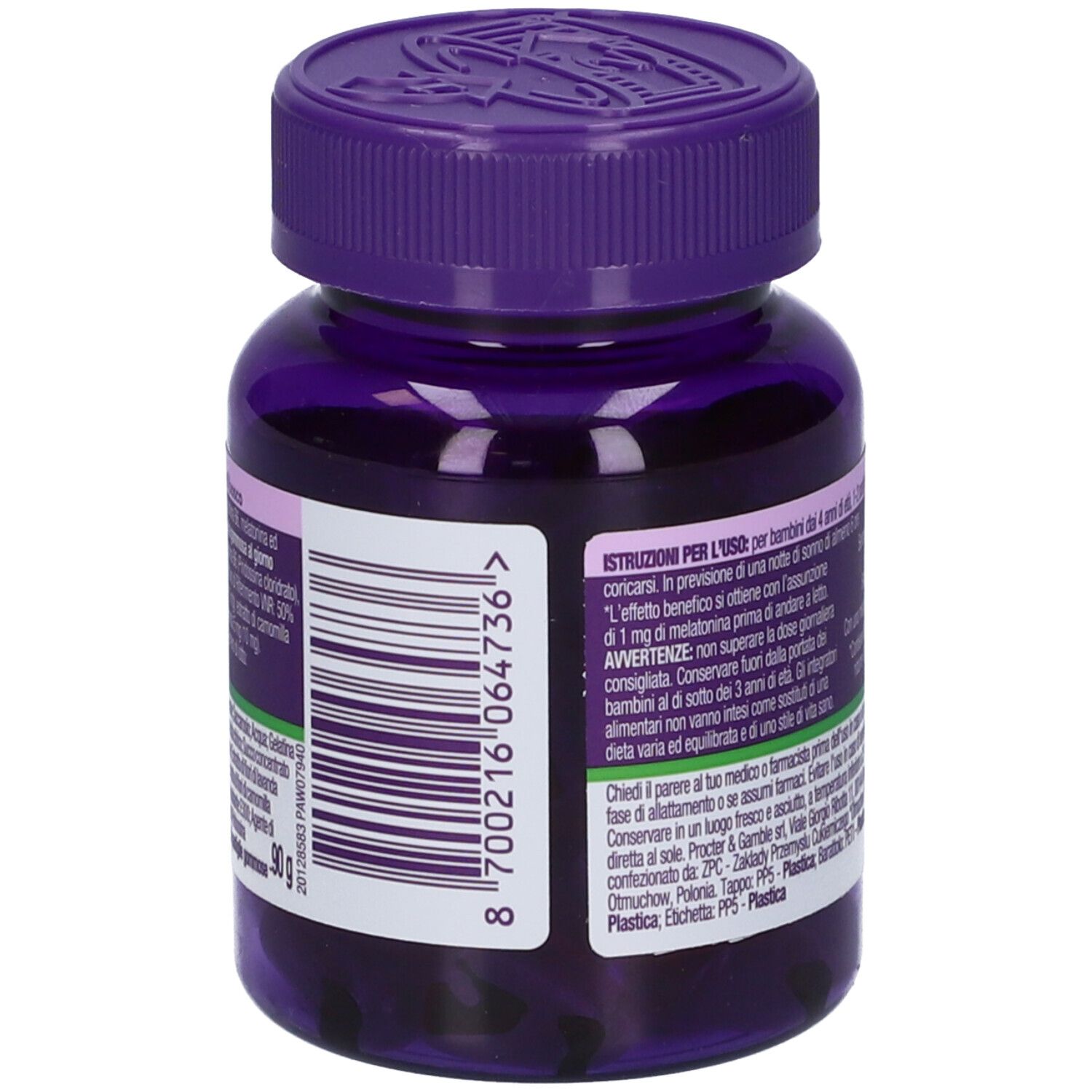 Retro del flacone ZzzQuil Kids Natura. Contiene informazioni sull'uso e gli ingredienti.