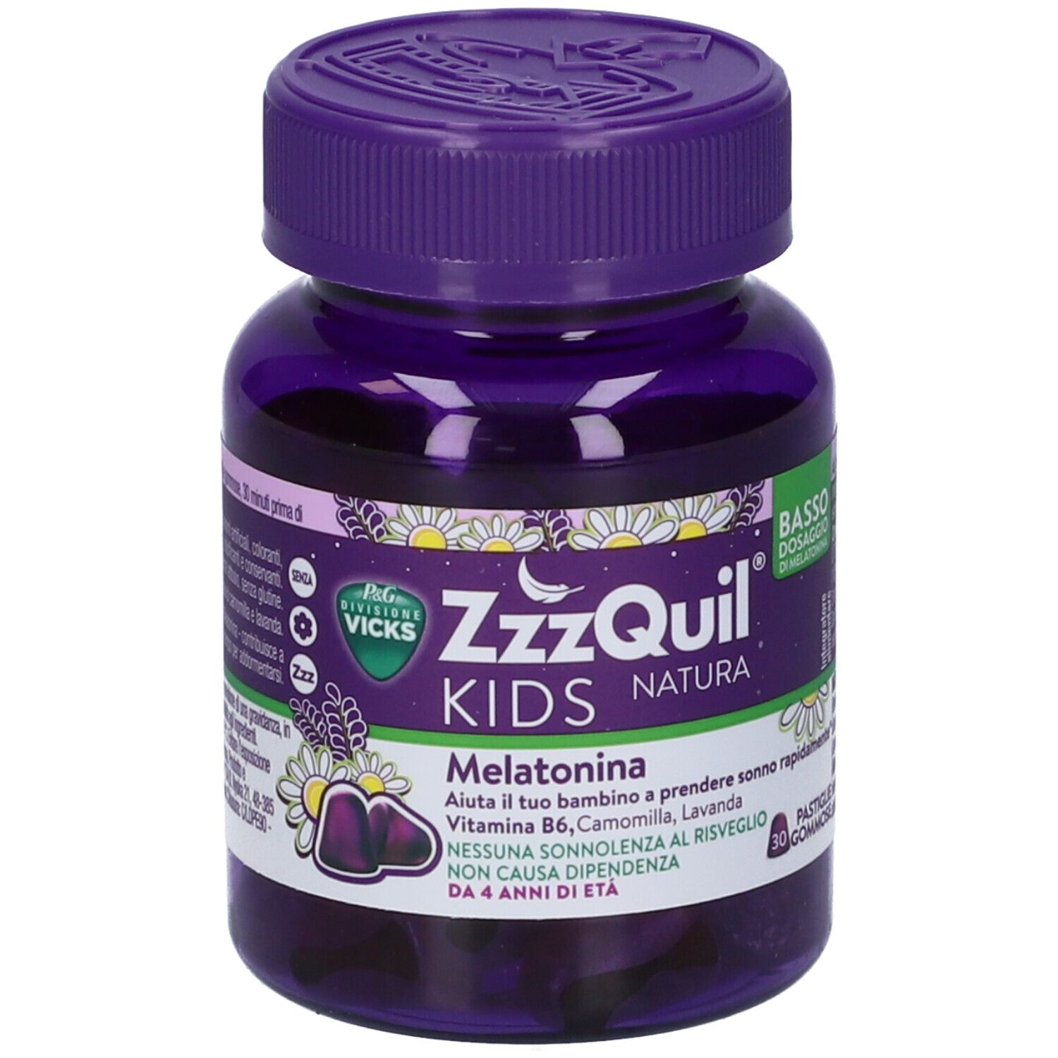 Flacone ZzzQuil Kids Natura. Flacone viola con etichetta bianca. Contiene melatonina, vitamina B6, camomilla e lavanda.