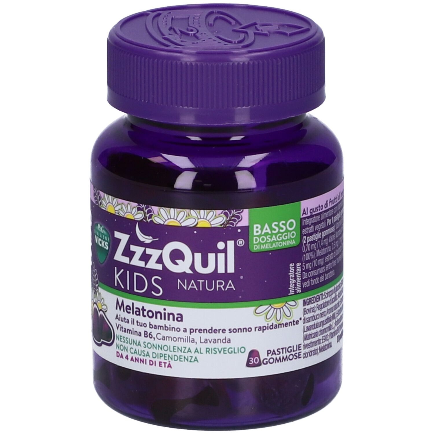 Flacone ZzzQuil Kids Natura. Flacone viola con etichetta bianca. Contiene melatonina, vitamina B6, camomilla e lavanda.