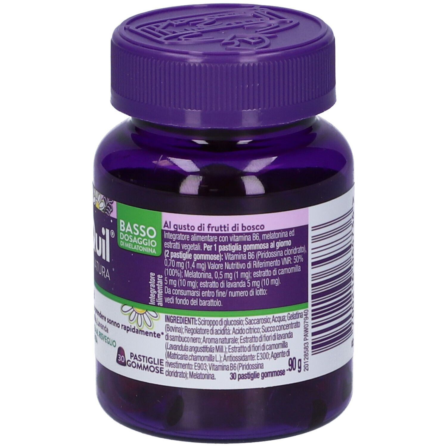 Flacone ZzzQuil Kids Natura. Flacone viola con etichetta bianca. Contiene melatonina, vitamina B6, camomilla e lavanda.