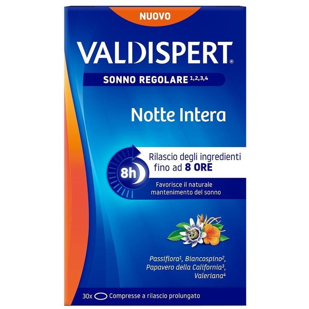 Scatola blu-arancio 'Valdispert Notte Intera'. Contiene 30 compresse a rilascio prolungato. Illustrazioni floreali e dettagli.