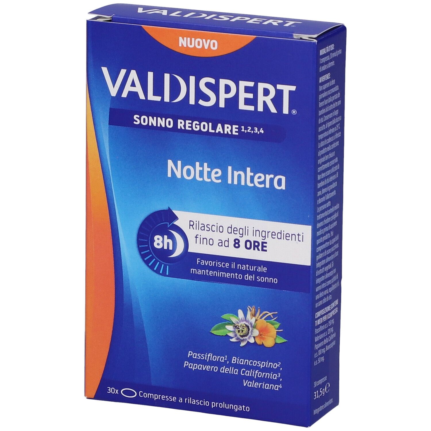 Scatola blu-arancio 'Valdispert Notte Intera'. Contiene 30 compresse. Testo: 'Rilascio degli ingredienti fino ad 8 ORE'.