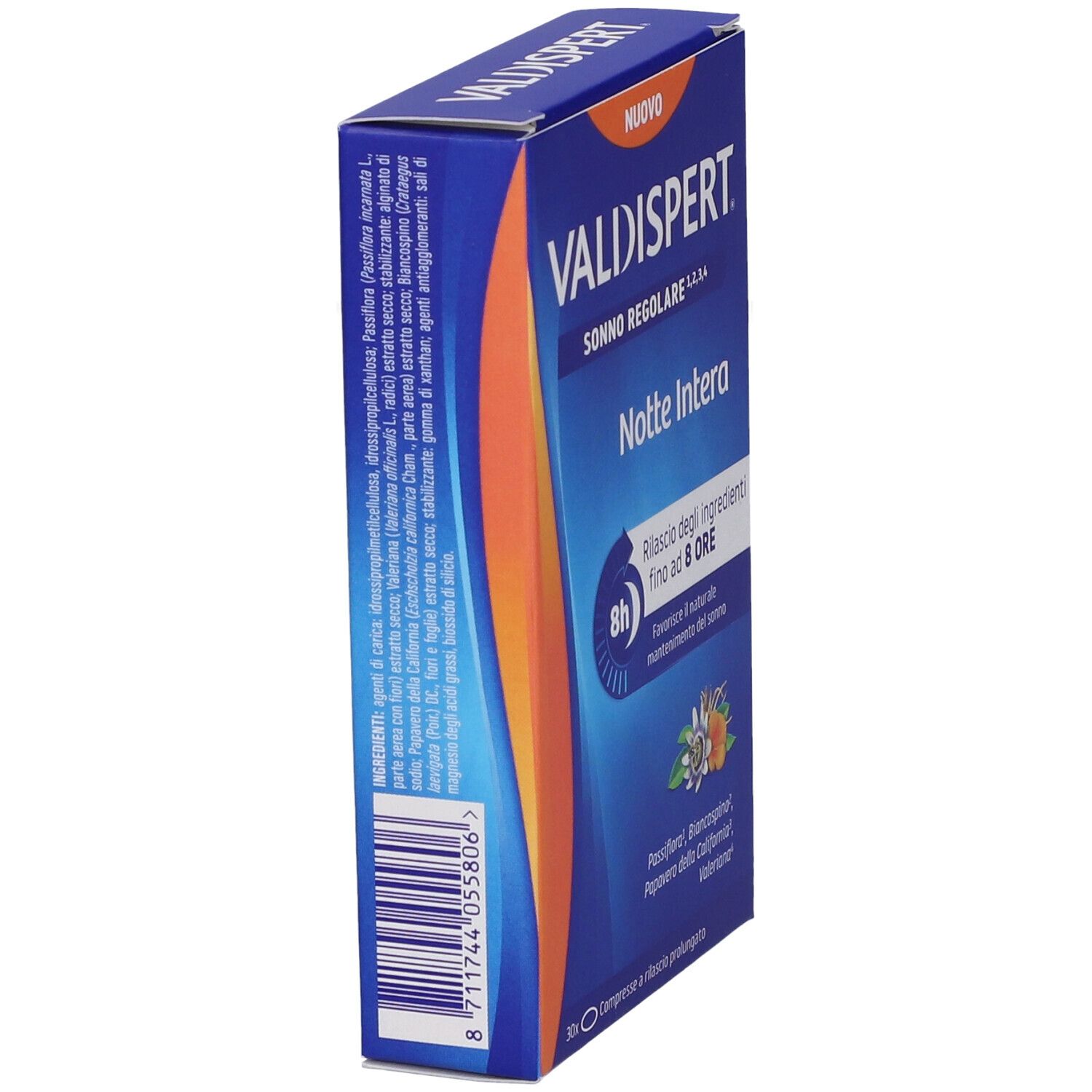 Scatola 'Valdispert Notte Intera' in prospettiva. Confezione blu e arancione. Testo e illustrazioni floreali.