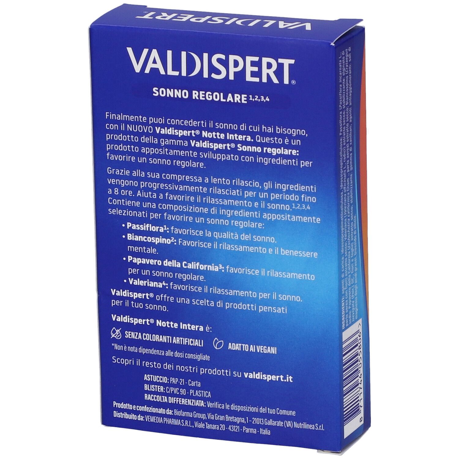 Retro della scatola 'Valdispert Notte Intera'. Testo in italiano. Contiene informazioni sul prodotto.