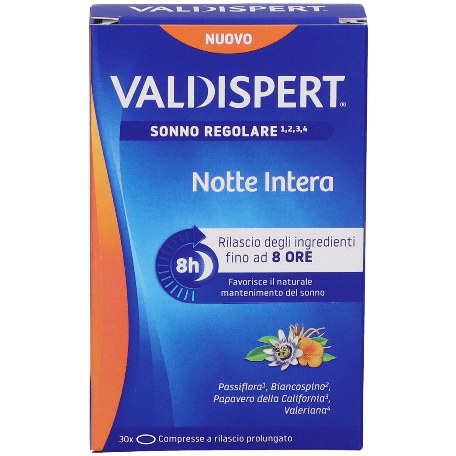 Scatola blu-arancio 'Valdispert Notte Intera'. Contiene 30 compresse. Testo: 'Rilascio degli ingredienti fino ad 8 ORE'.