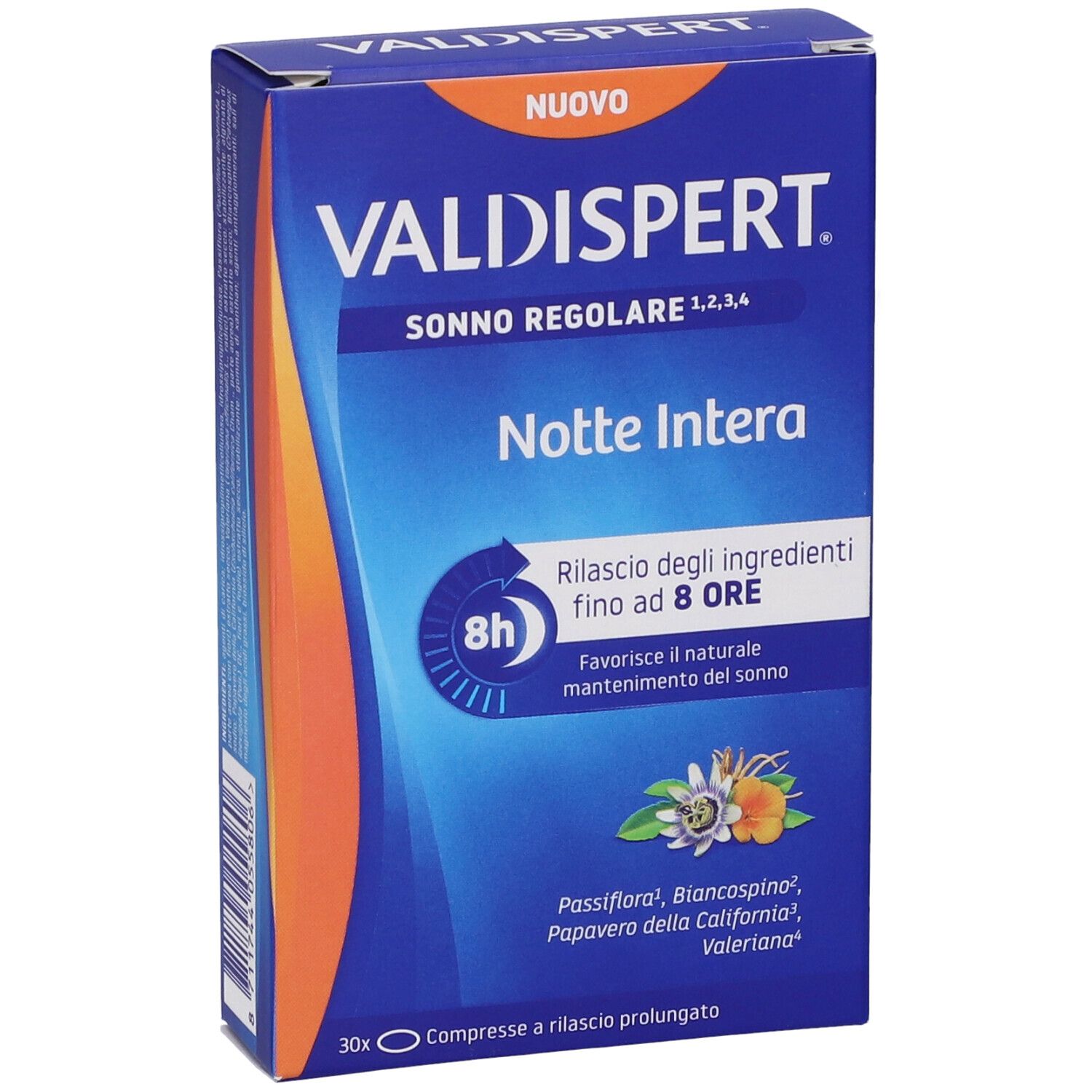 Scatola blu-arancio 'Valdispert Notte Intera'. Contiene 30 compresse a rilascio prolungato. Illustrazioni floreali e dettagli.