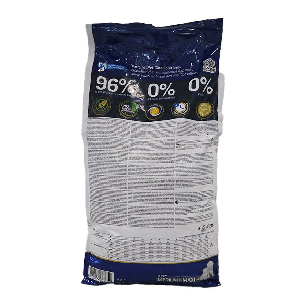 Retro del sacco di cibo. Testo e informazioni nutrizionali. Marchio: Farmina.