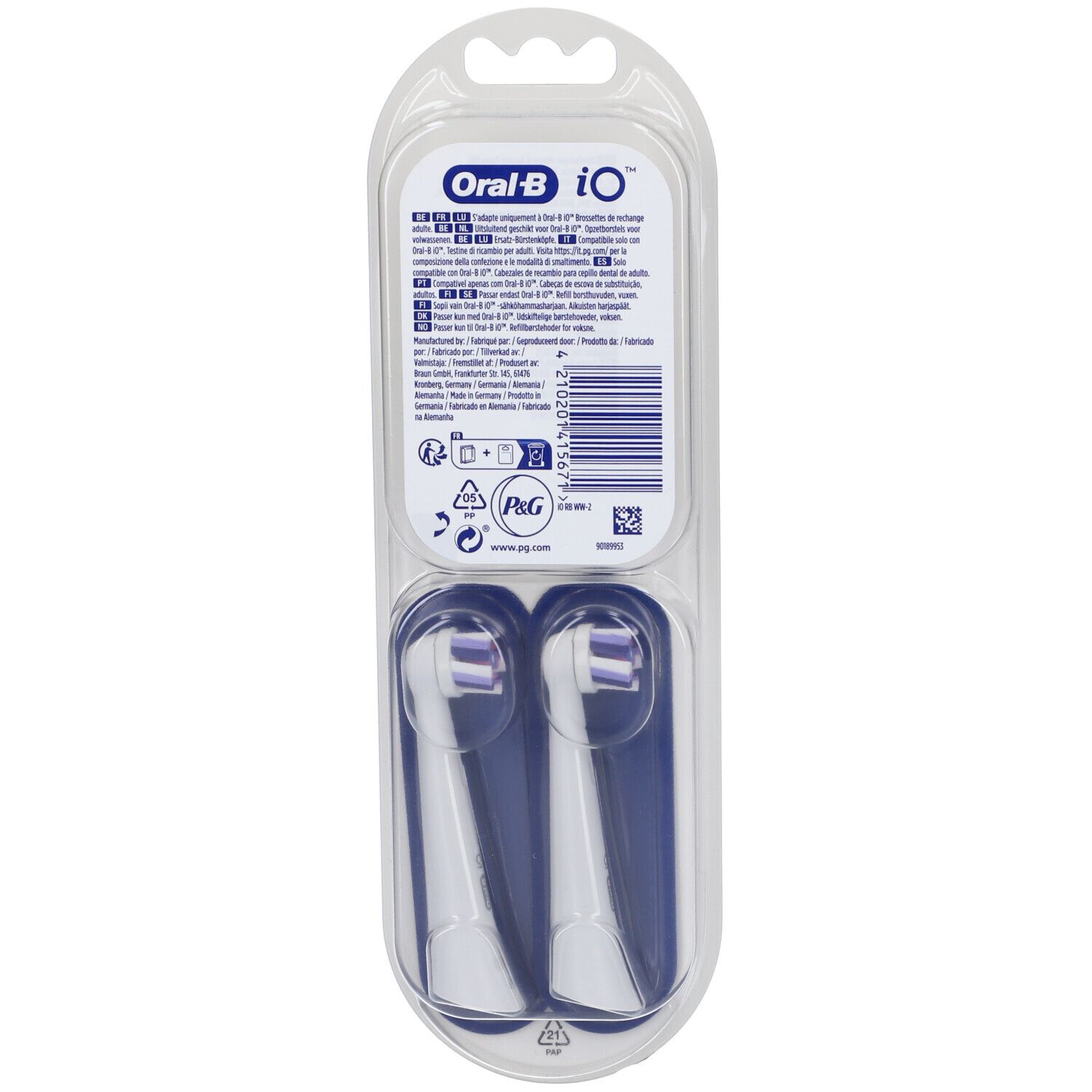 Retro della confezione delle testine Oral-B iO Radiant White. Due spazzole in plastica trasparente.