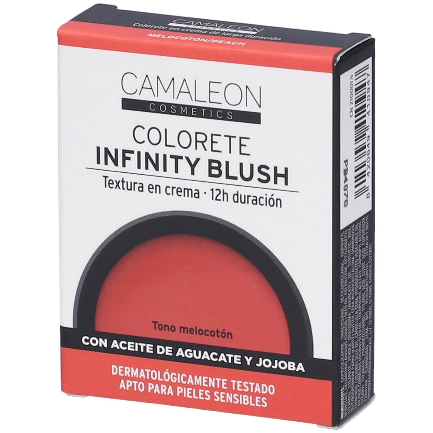 Camaleon Cosmetics Infinity Blush Pesca. Scatola rossa quadrata. Testo e immagine del prodotto. Dermatologicamente testato.