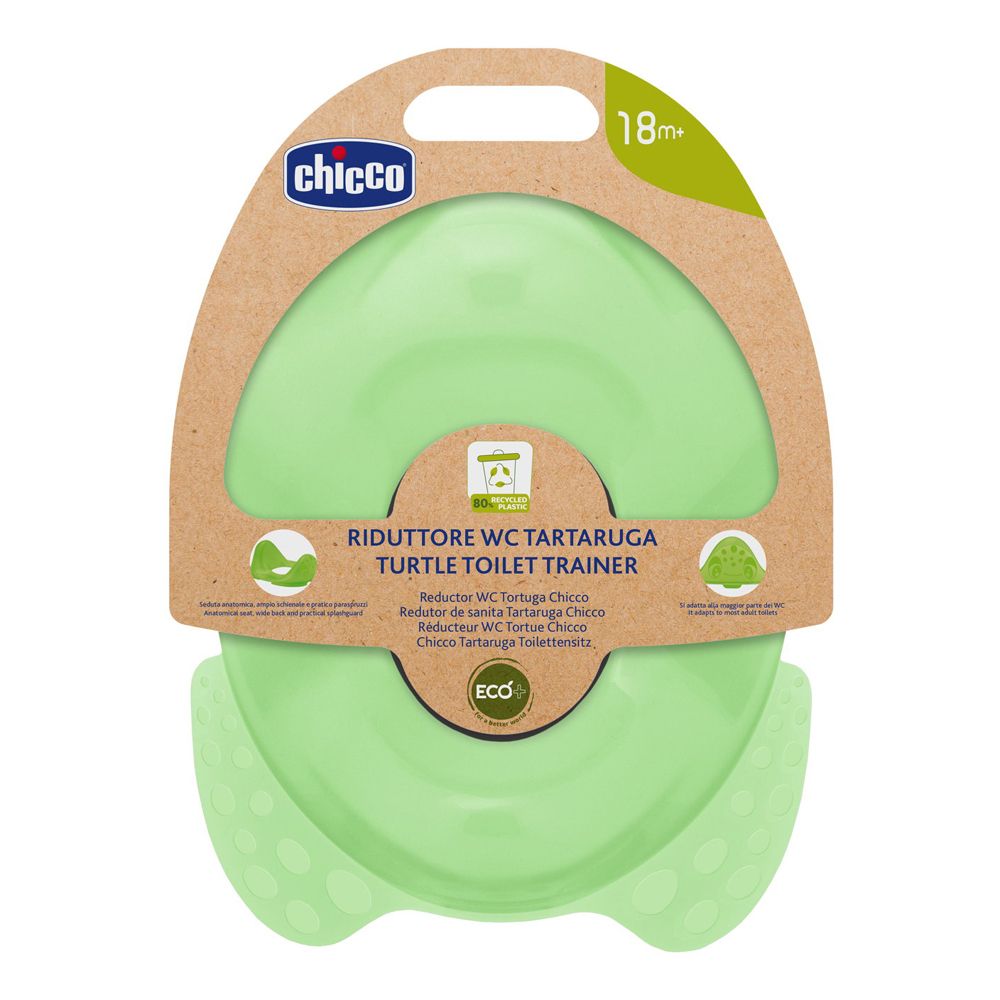 Riduttore WC verde con confezione. Marchio Chicco. Consigliato 18m+. Realizzato in plastica riciclata.