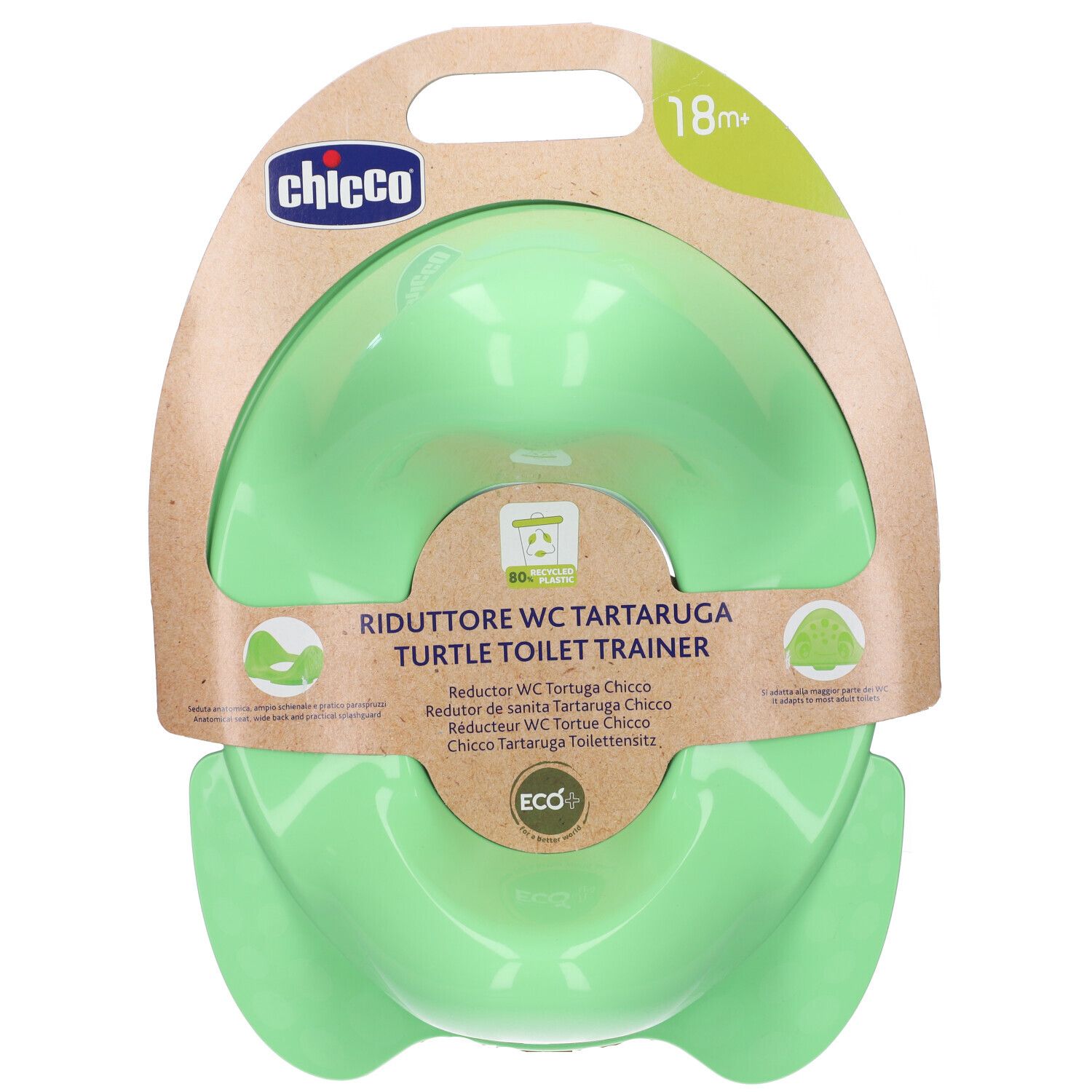 Riduttore WC verde nella confezione. Marchio Chicco. Consigliato 18m+. Realizzato in plastica riciclata.
