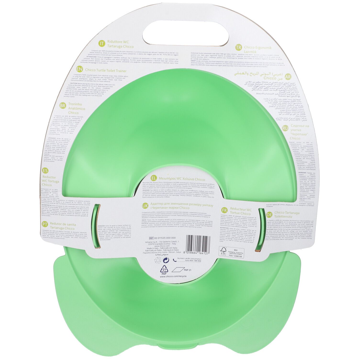 Retro del riduttore WC verde. Confezione con testo. Realizzato in plastica riciclata.