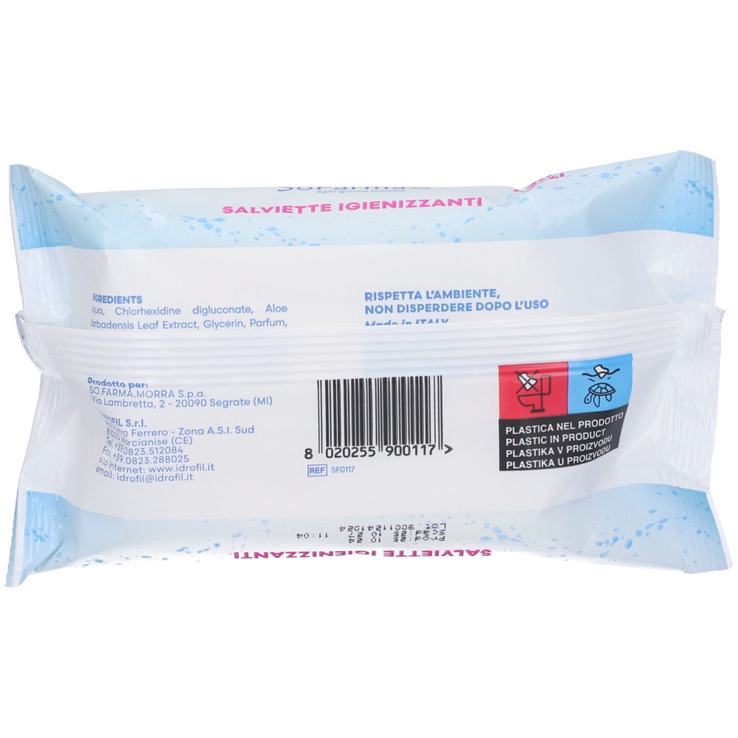 Verpackung mit feuchten Reinigungstüchern, mit Inhaltsstoffen wie Chlorhexidin und Aloe.
