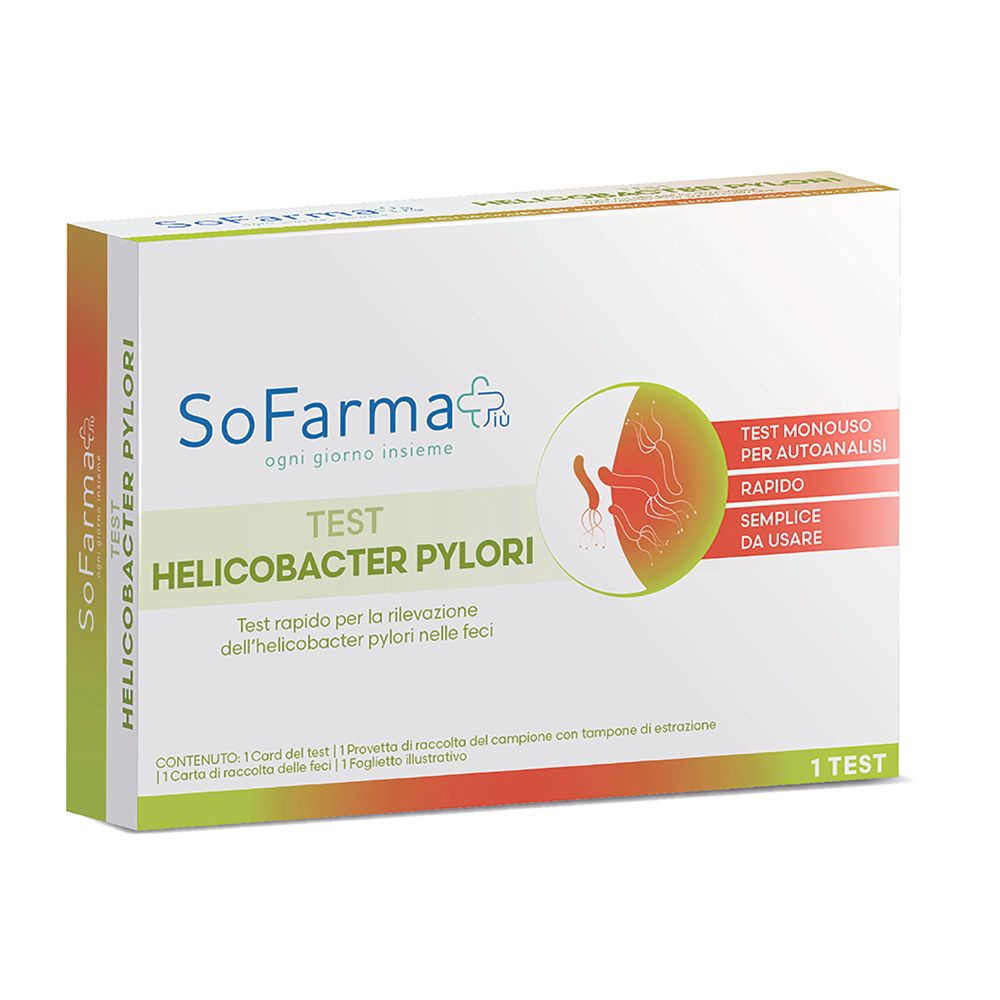 Verpackung eines Helicobacter Pylori-Tests. Weiß, mit grünen und roten Akzenten. Text: SoFarma, Test Helicobacter Pylori, 1 Test.