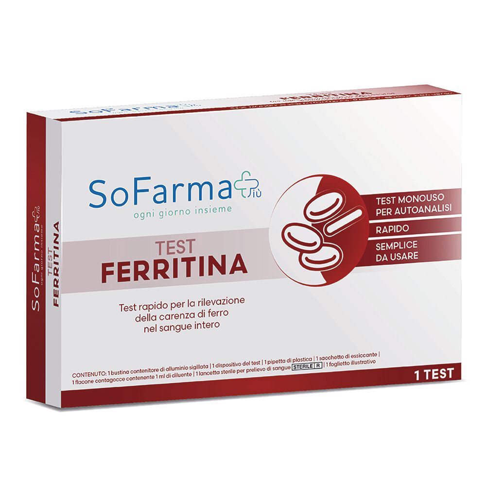 Verpackung mit Aufdruck. Aufschrift: TEST FERRITINA, SoFarma. Abbildung von Blutzellen. Text: Test monouso per autoanalisi.