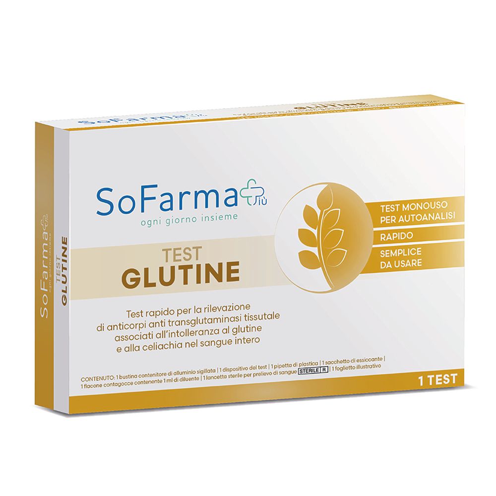 Verpackung des Sofarmapiu' Test Autodiagnostico Glutine. Weißer Karton mit Produktnamen und Logo. Enthält 1 Test.
