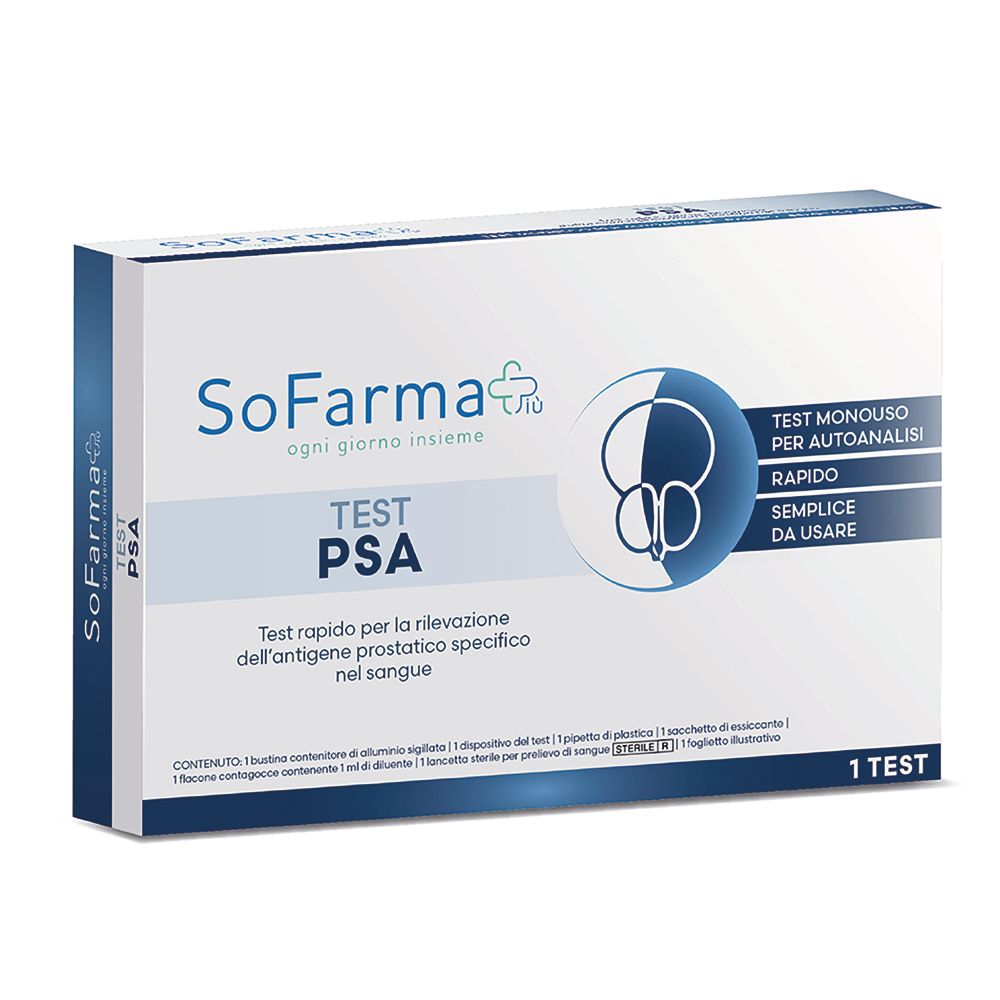 Verpackung des PSA-Tests. Aufschrift: SoFarma, Test PSA, Test monouso per autoanalisi. Enthält 1 Test.