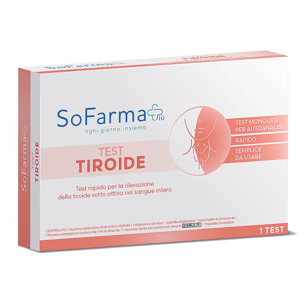 Verpackung des Sofarmapiu' Test Autodiagnostico Tiroide. Weiß mit roter und blauer Schrift. Enthält ein Diagramm und die Aufschrift "Test Tiroide".