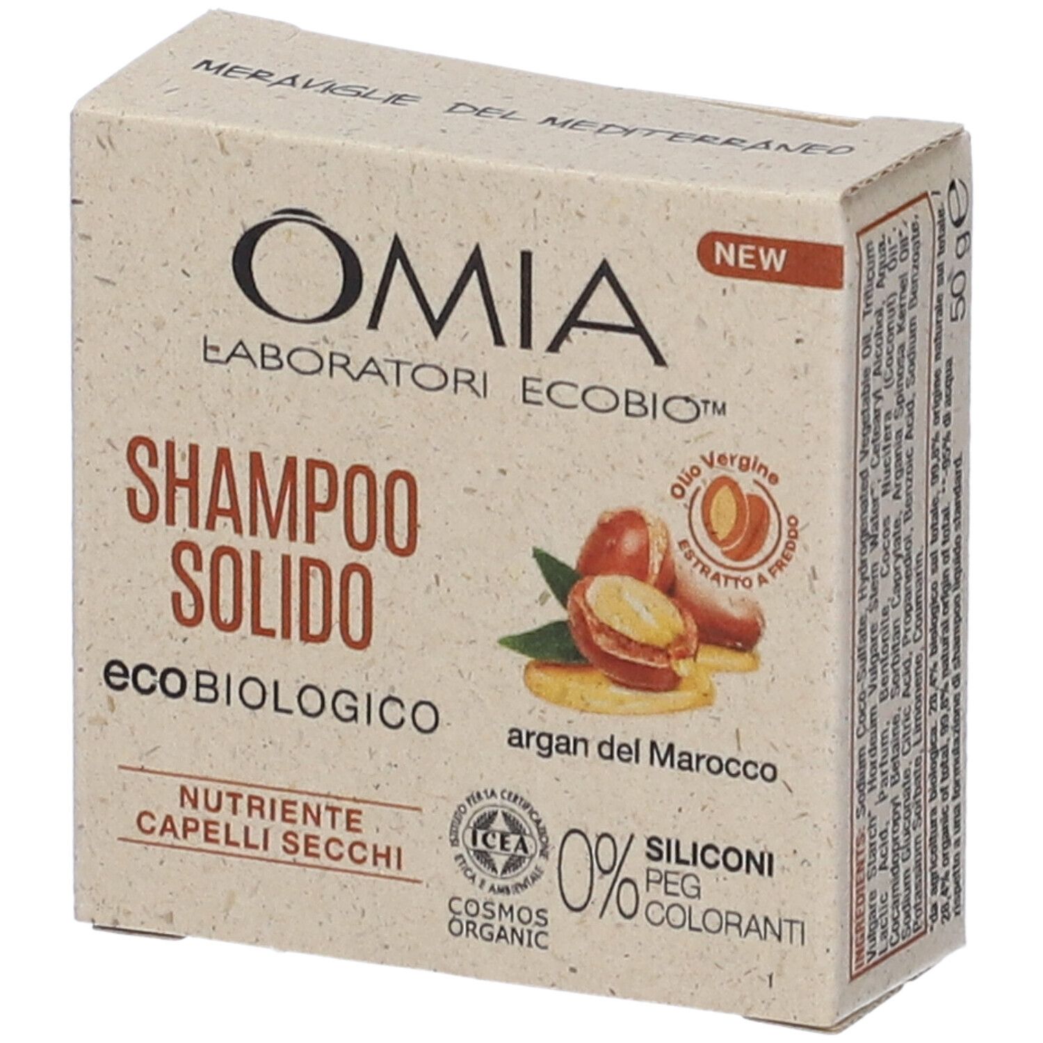 Confezione in cartone OMIA Shampoo Solido. Scritte: Shampoo Solido, Argan del Marocco, ecobiologico, 0% siliconi, PEG, coloranti.