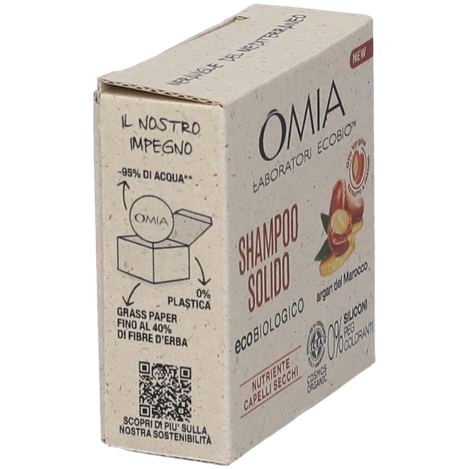 Confezione in cartone OMIA Shampoo Solido. Scritte: Shampoo Solido, Argan del Marocco, ecobiologico, 0% siliconi, PEG, coloranti. Illustrazione.