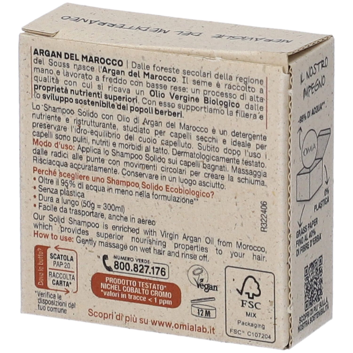 Retro della confezione in cartone OMIA Shampoo Solido. Testo su ingredienti, uso e certificazioni. Logo FSC.