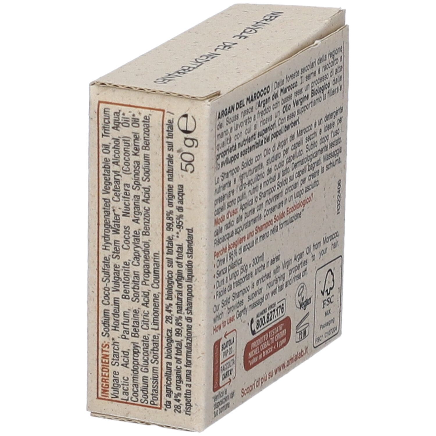 Confezione in cartone OMIA Shampoo Solido. Scritte: ingredienti, 50g, 99,8% di origine naturale. Logo FSC.
