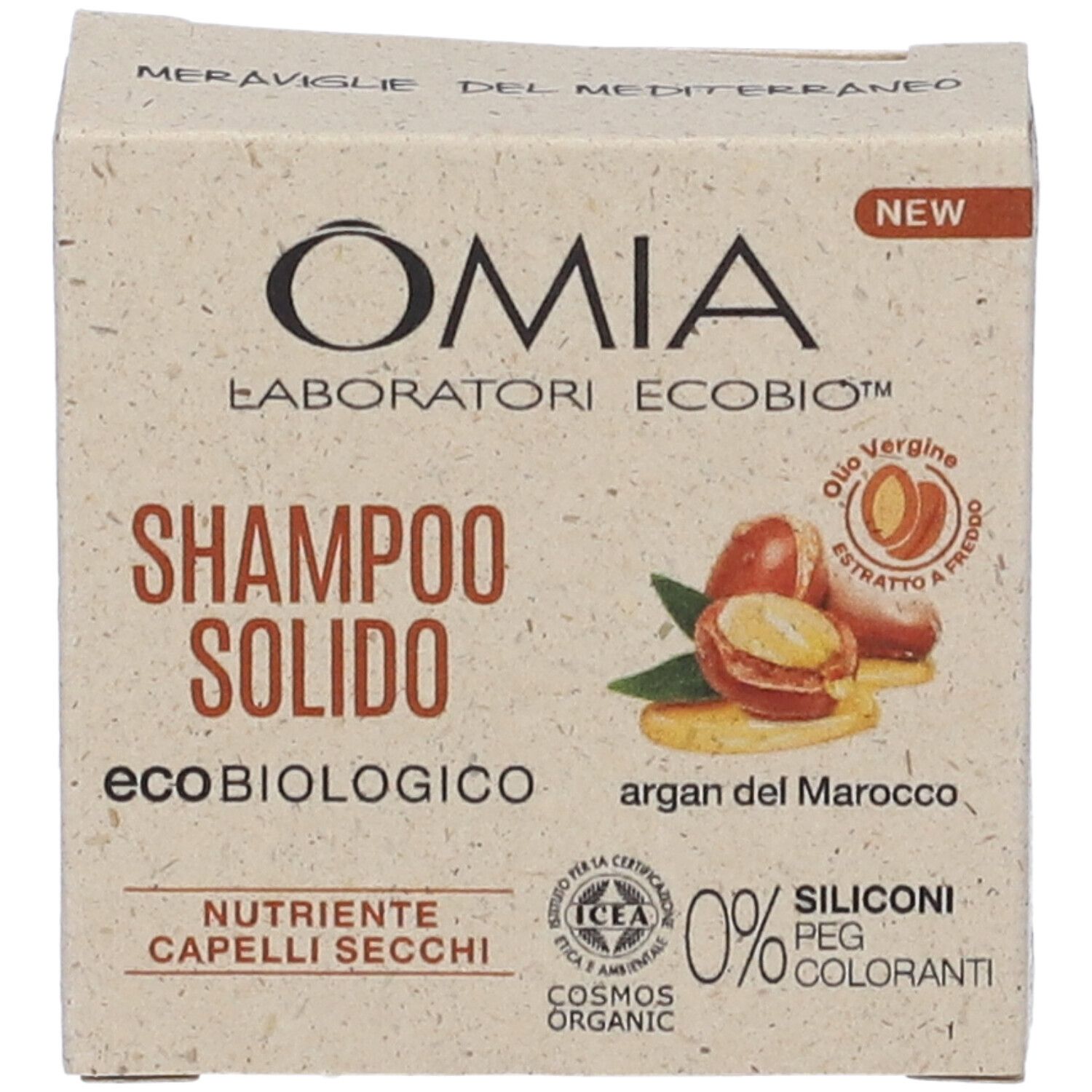 Confezione in cartone OMIA Shampoo Solido. Scritte: Shampoo Solido, Argan del Marocco, ecobiologico, 0% siliconi, PEG, coloranti. Illustrazione.