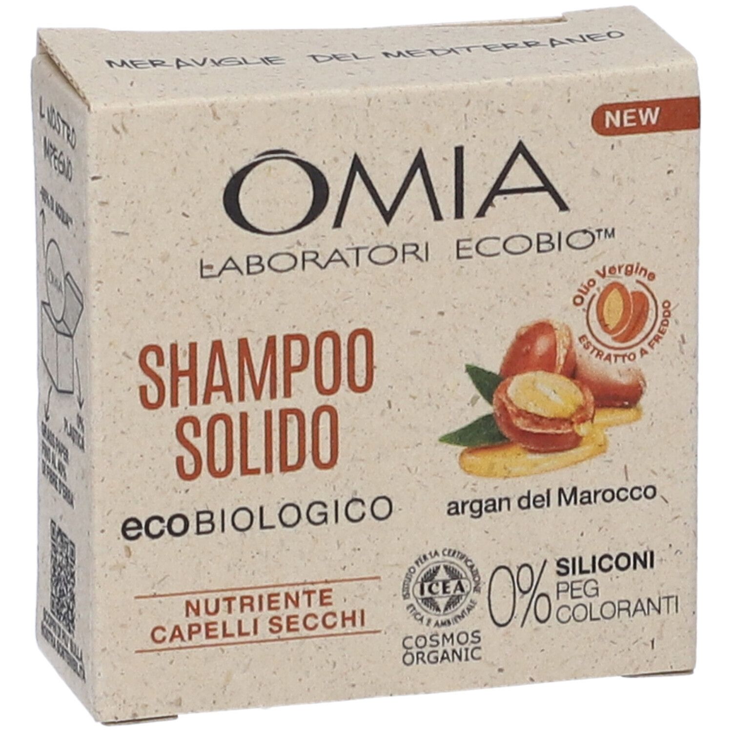 Confezione in cartone OMIA Shampoo Solido. Scritte: Shampoo Solido, Argan del Marocco, ecobiologico, 0% siliconi, PEG, coloranti.