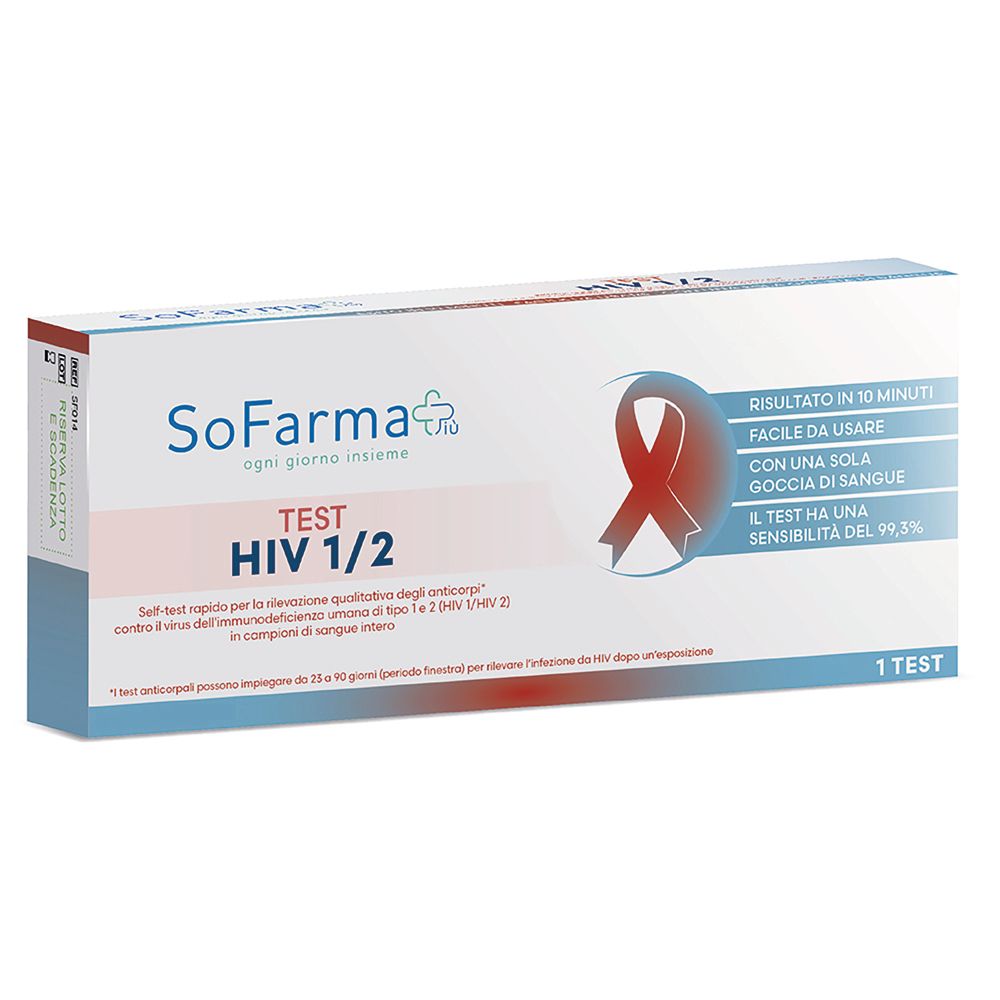 Schachtel mit Sofarmapiu' Test HIV 1/2. Aufdrucke: Logo, Testname, rotes Band, Text in italienischer Sprache.