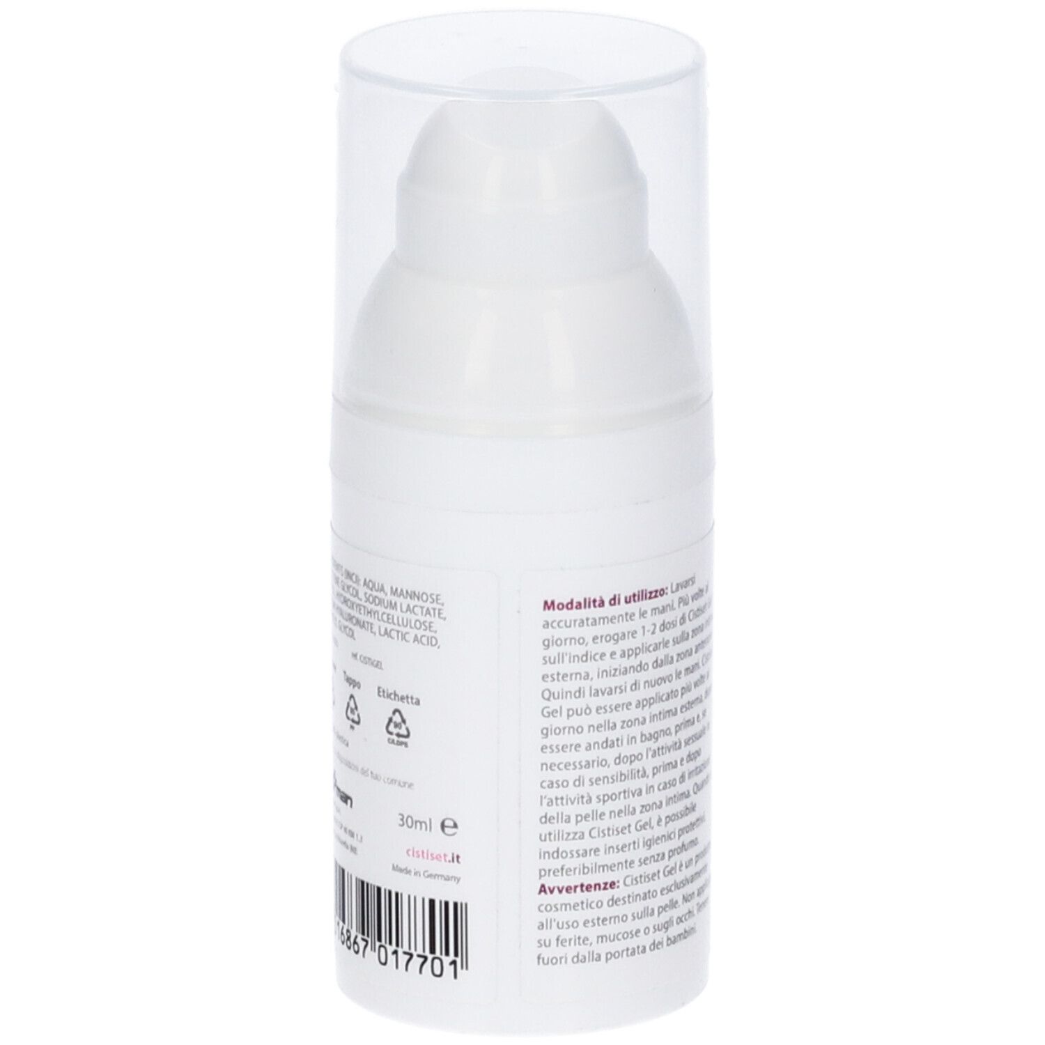 Flacone bianco con testo e simboli. Tappo trasparente. Scritta 30ml.