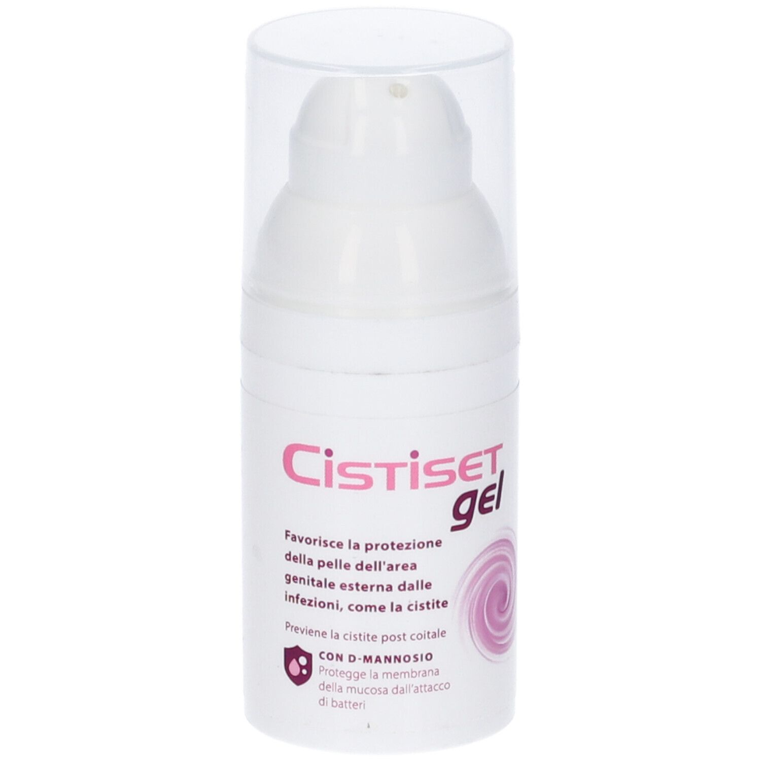 Flacone bianco con tappo trasparente. Scritta Cistiset gel in rosa. Testo in italiano.