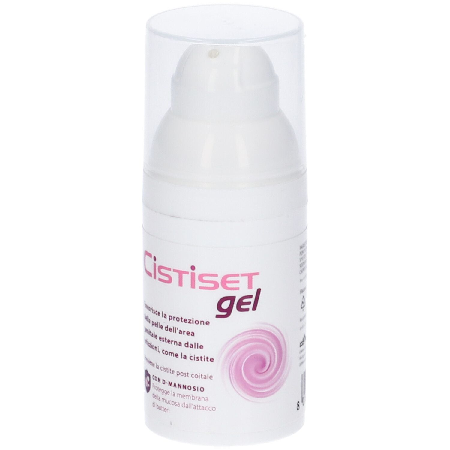 Flacone bianco con tappo trasparente. Scritta Cistiset gel in rosa. Testo in italiano.