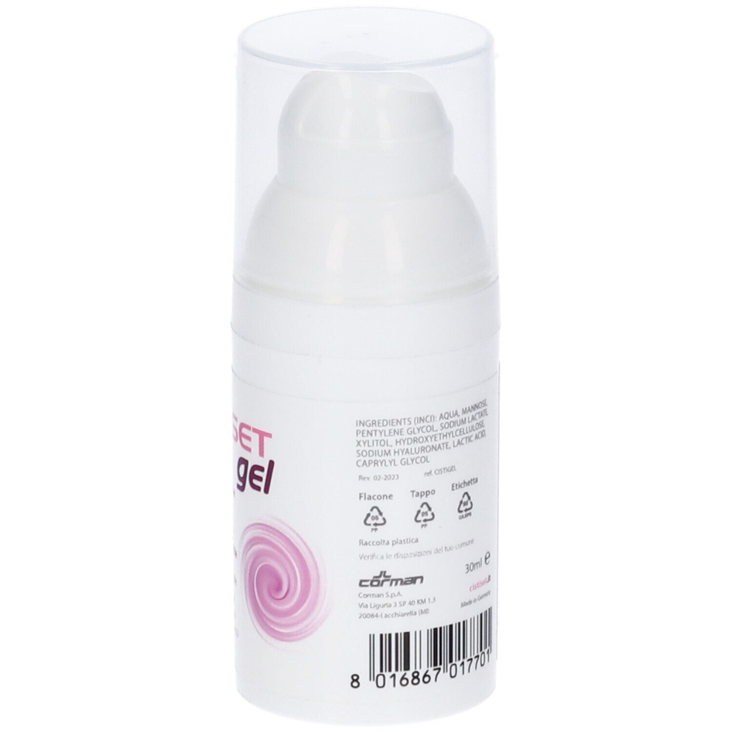 Flacone bianco con testo e simboli. Tappo trasparente. Scritta 30ml. Logo del produttore.