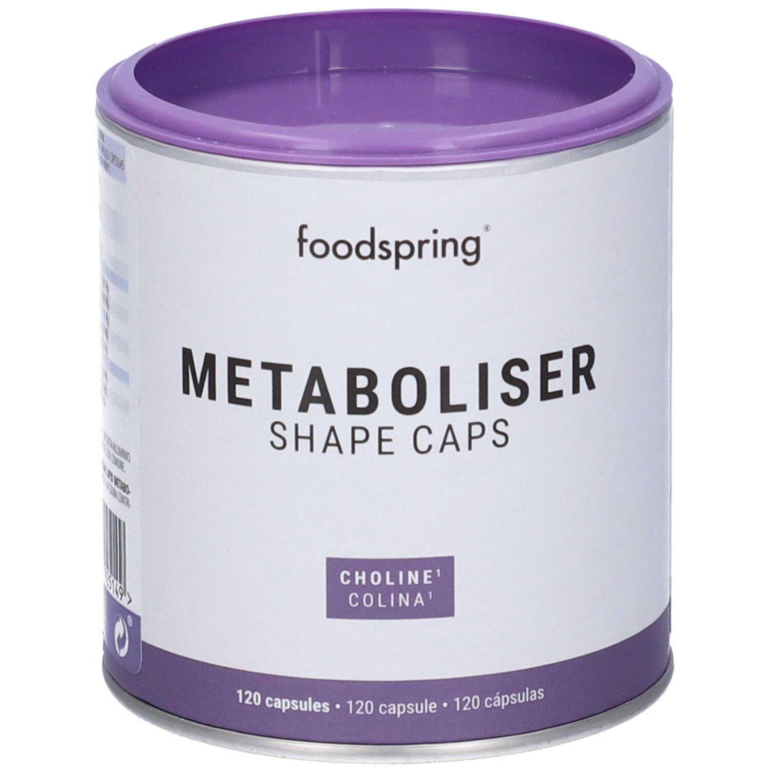 Contenitore cilindrico bianco con coperchio viola. Scritta: Foodspring, Metaboliser Shape Caps, Choline Colina. 120 capsule.