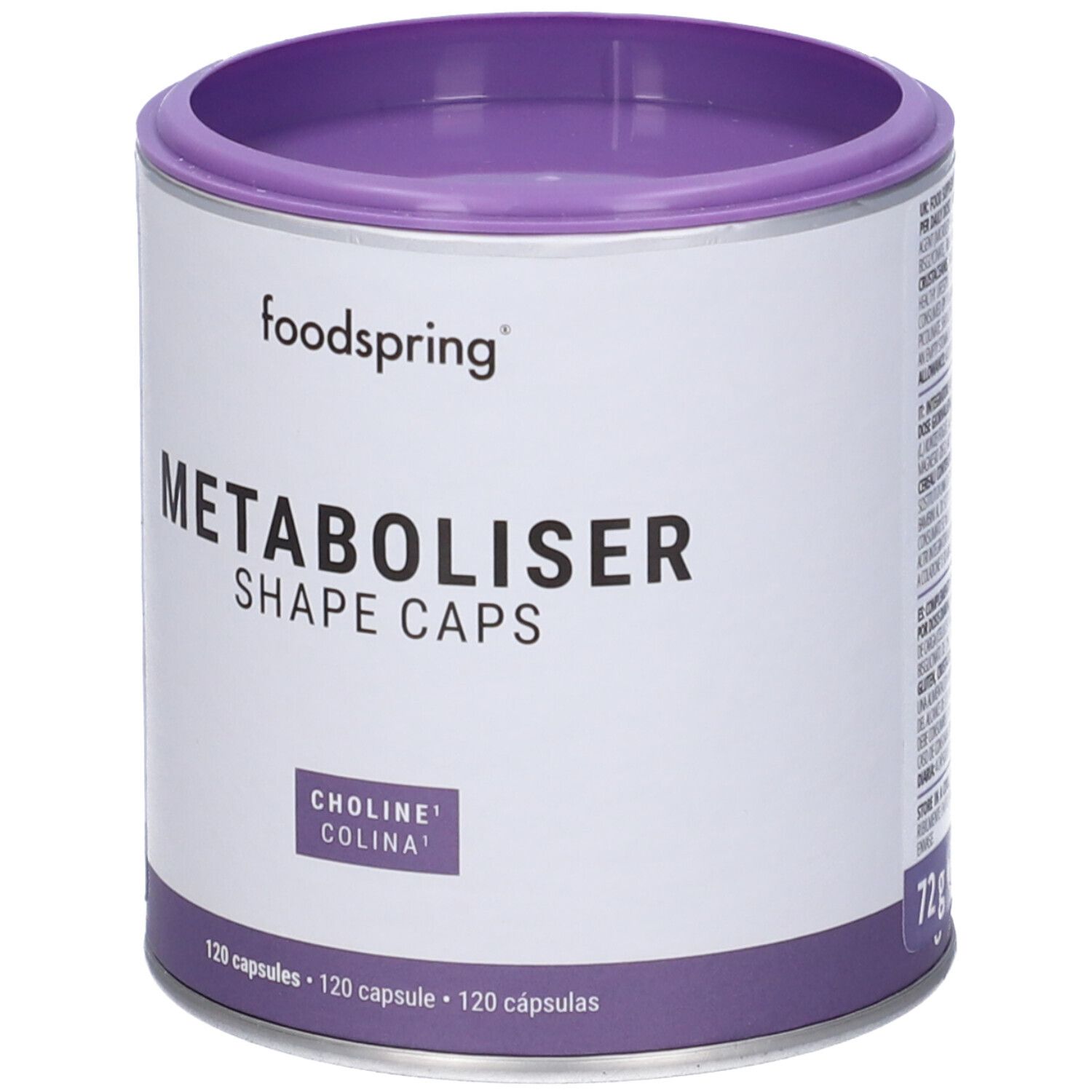 Contenitore cilindrico bianco con coperchio viola. Scritta: Foodspring, Metaboliser Shape Caps, Choline Colina. 120 capsule.