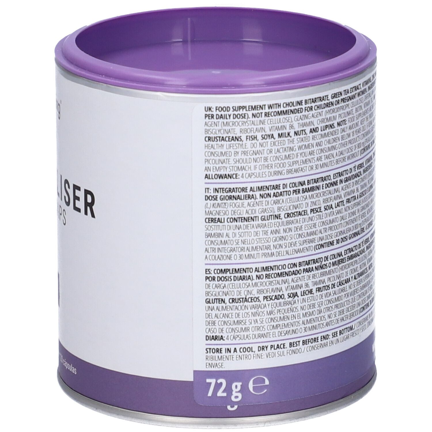 Contenitore cilindrico bianco con coperchio viola. Scritta: Foodspring, Metaboliser Shape Caps, Choline Colina. 72g.