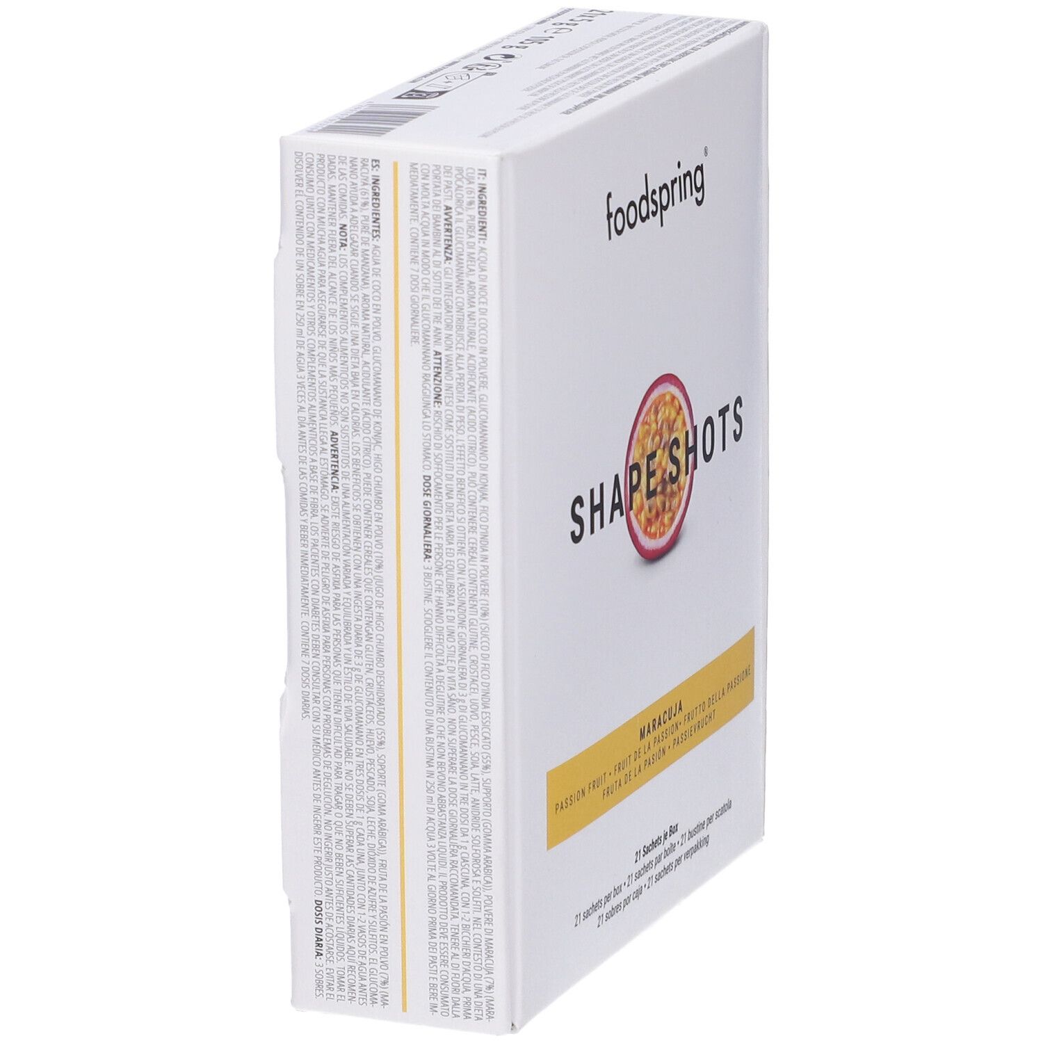 Scatola bianca inclinata con logo Foodspring e informazioni sul prodotto. Accenti gialli. Testo sul lato.