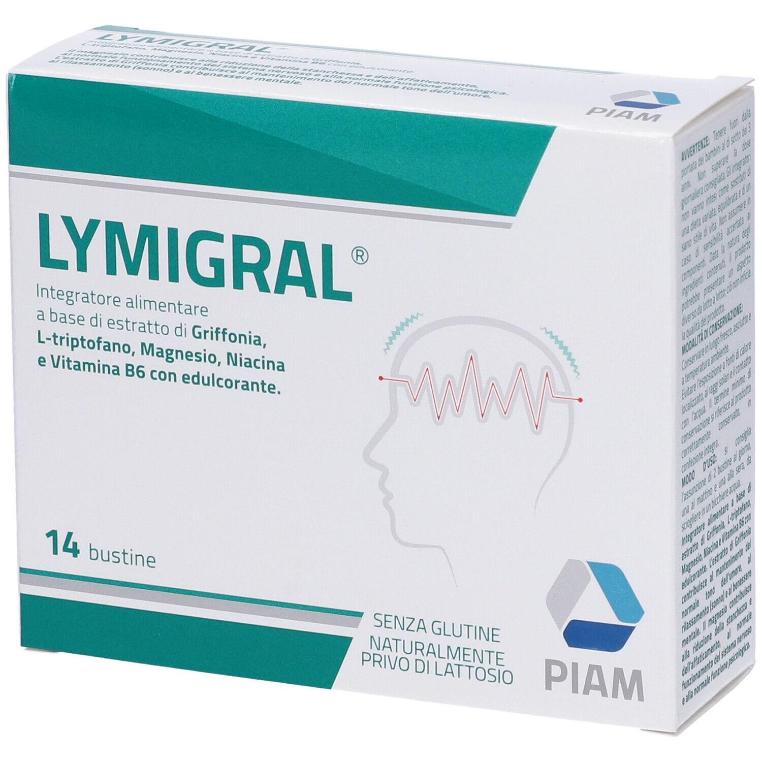 Scatola di Lymigral® Bustine. Bianca e verde. Scritto: 14 bustine. Logo PIAM. Senza glutine, senza lattosio.