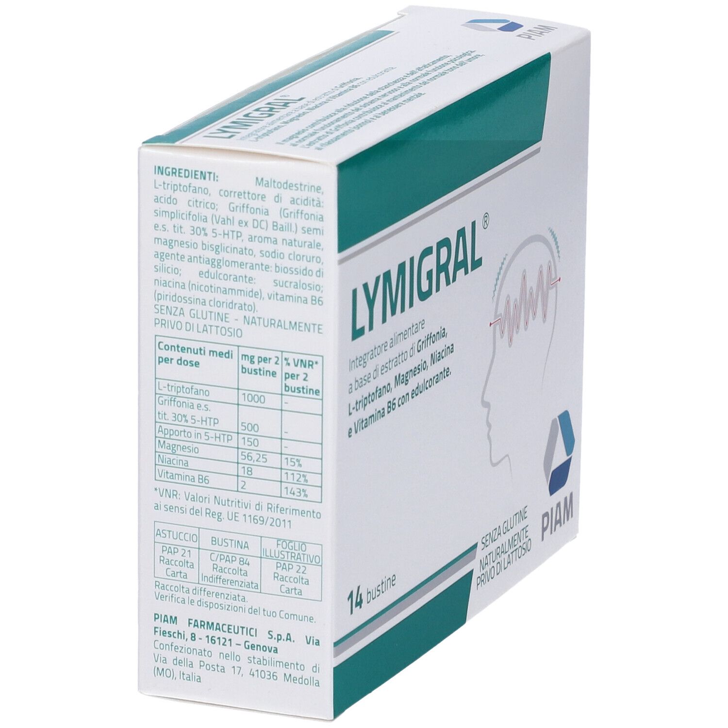 Vista laterale della scatola Lymigral® Bustine. Contiene l'elenco degli ingredienti. Scritto: 14 bustine. Logo PIAM. Senza glutine, senza lattosio.