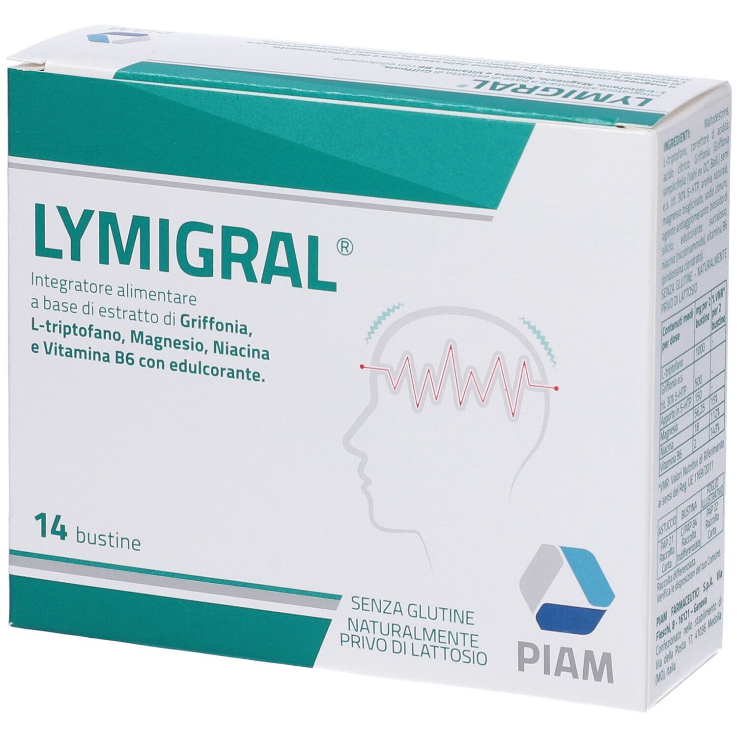 Scatola di Lymigral® Bustine. Bianca e verde. Scritto: 14 bustine. Logo PIAM. Senza glutine, senza lattosio.