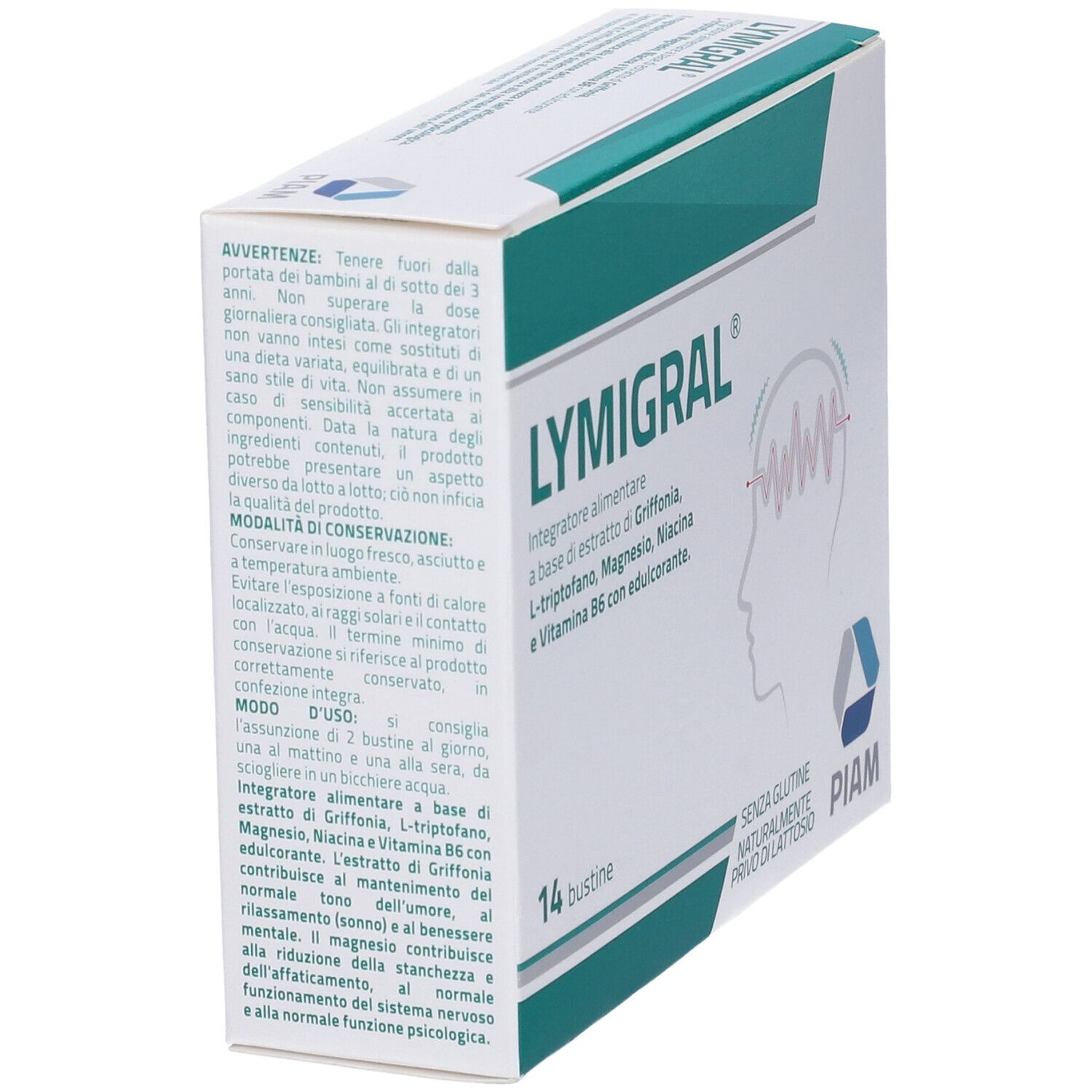 Scatola di Lymigral® Bustine. Bianca e verde. Scritto: 14 bustine. Logo PIAM. Senza glutine, senza lattosio. Contiene avvertenze.
