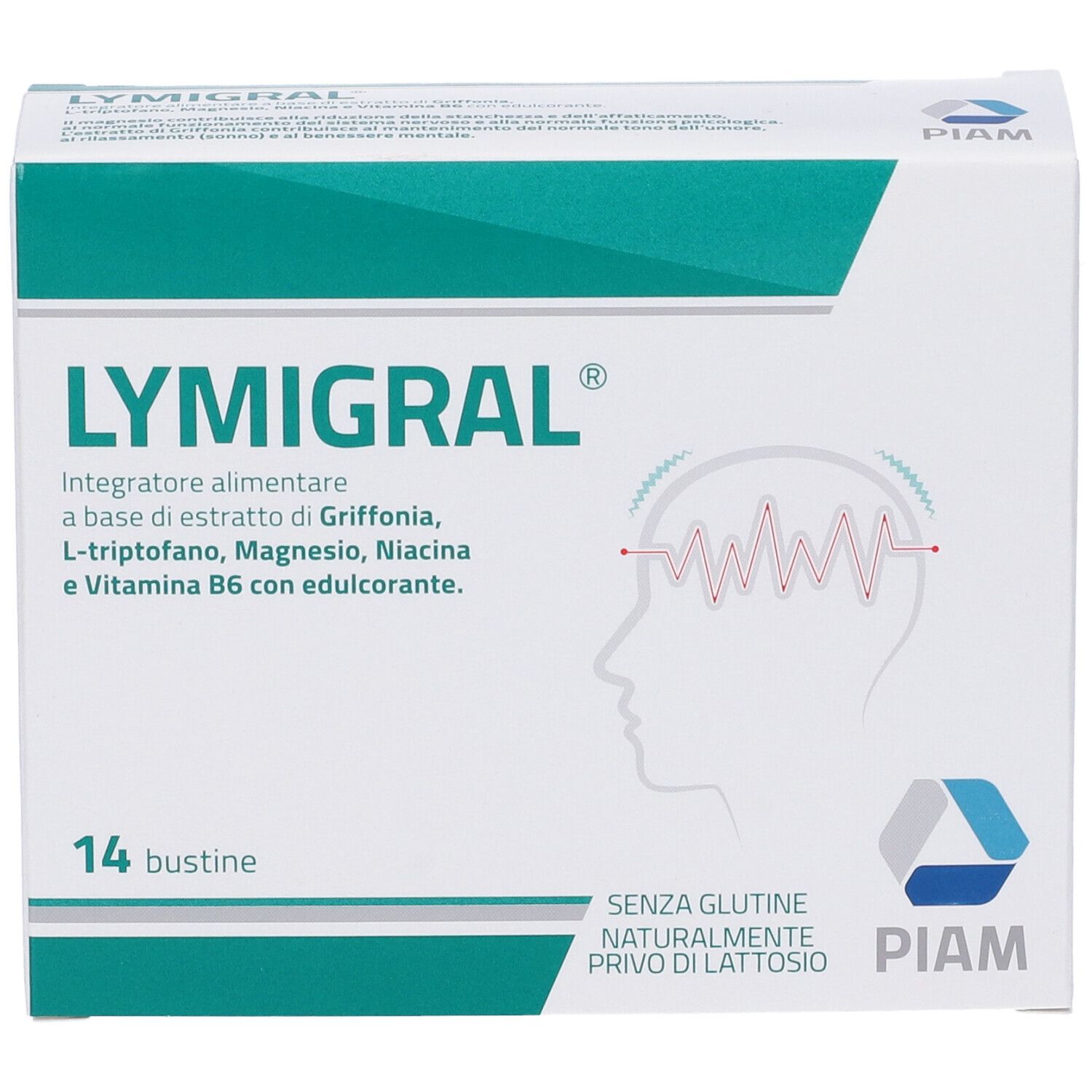 Scatola di Lymigral® Bustine. Bianca e verde. Scritto: 14 bustine. Logo PIAM. Senza glutine, senza lattosio.