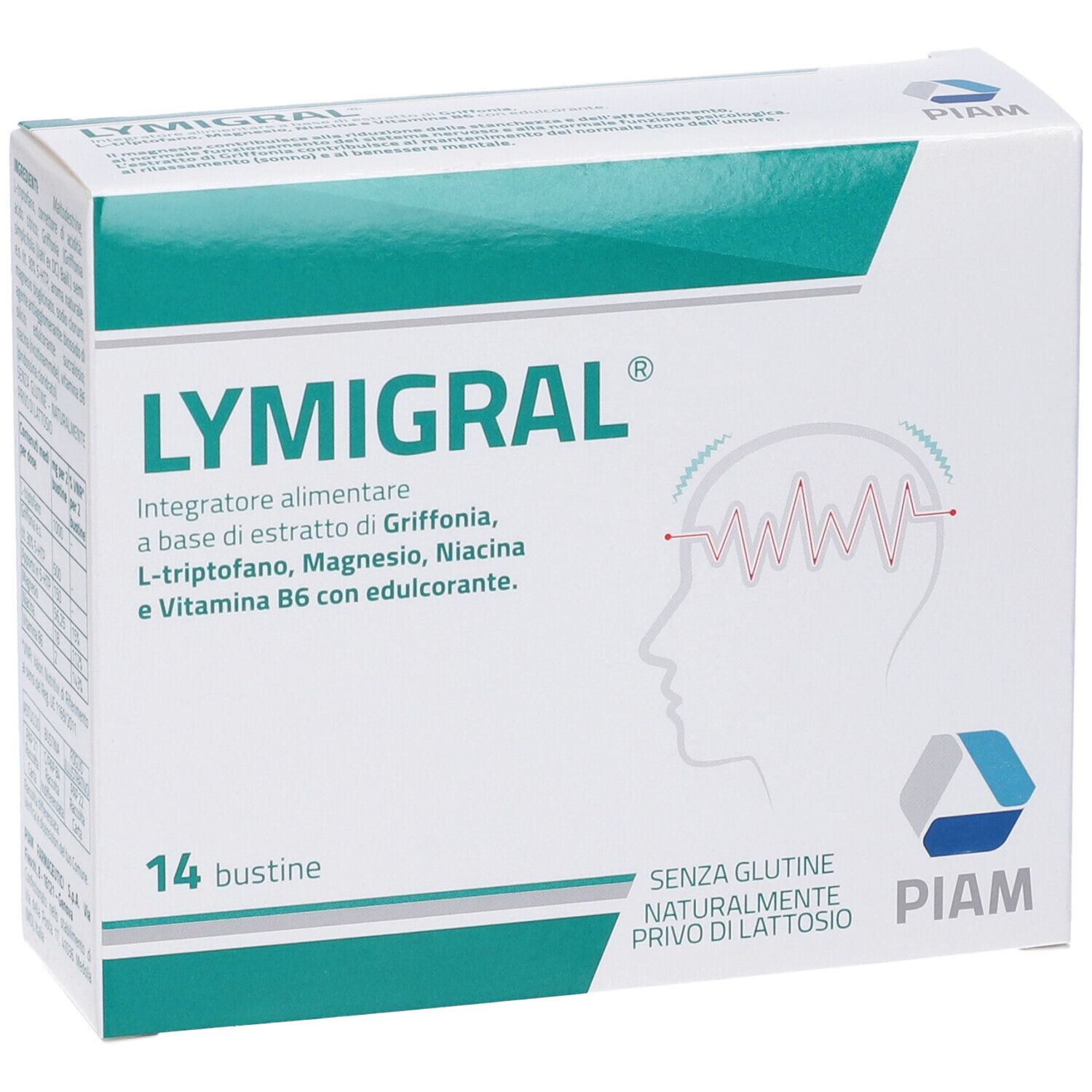 Scatola di Lymigral® Bustine. Bianca e verde. Scritto: 14 bustine. Logo PIAM. Senza glutine, senza lattosio.